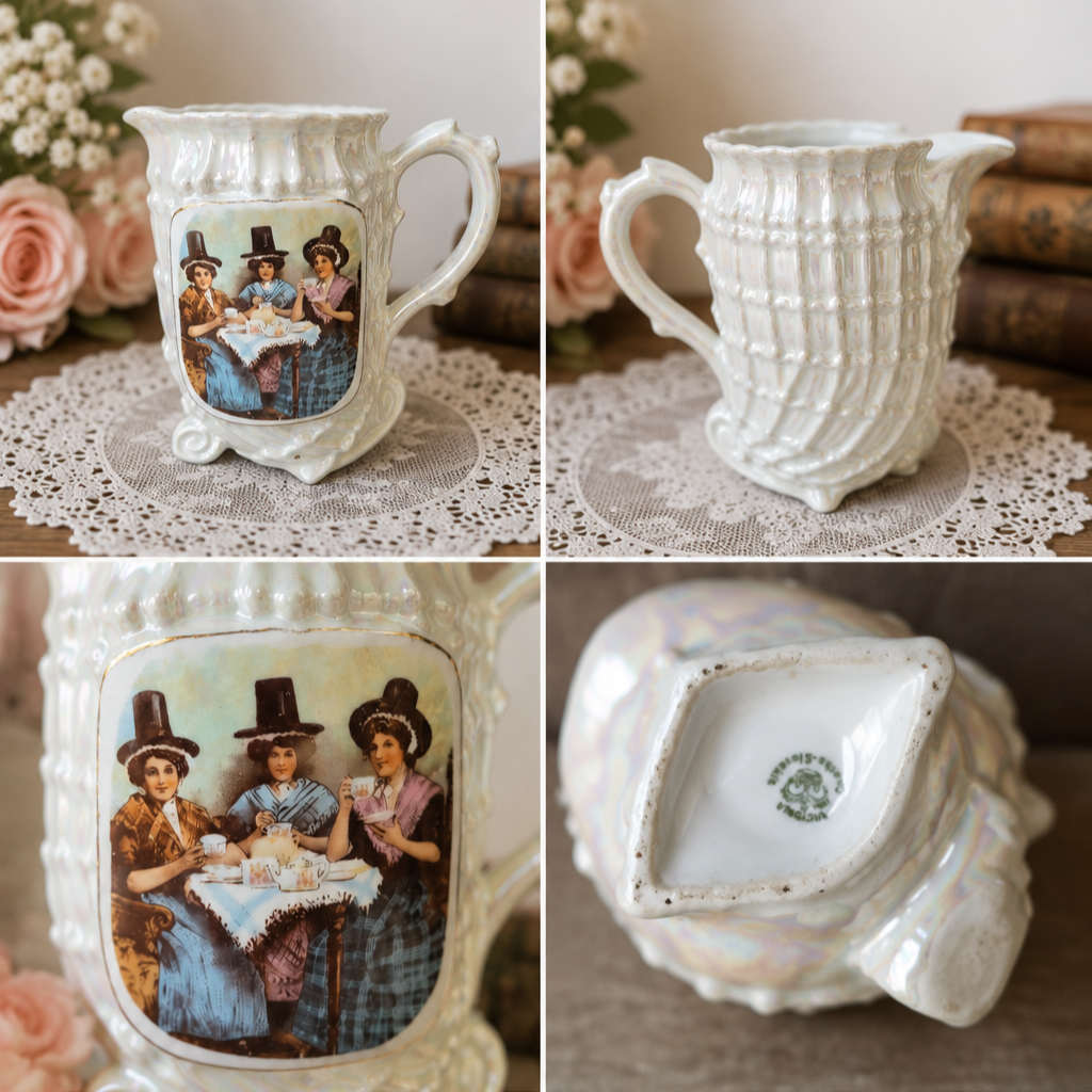 Vintage Victoria Czecho-Slovakia Lustreware Cream Jug – Iridescent Tea Scene Milk Pitcher
