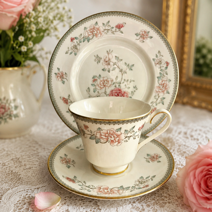 Vintage Minton Jasmine Bone China Trio Tea Cup Saucer & Plate Floral Gold Gilt, Royal Doulton England