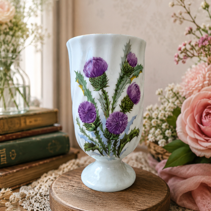 -SOLD- Vintage Royal Vale Thistle Bud Vase – Iridescent Blue Lustre Footed Vase – Made in England – Scottish Floral Bone China