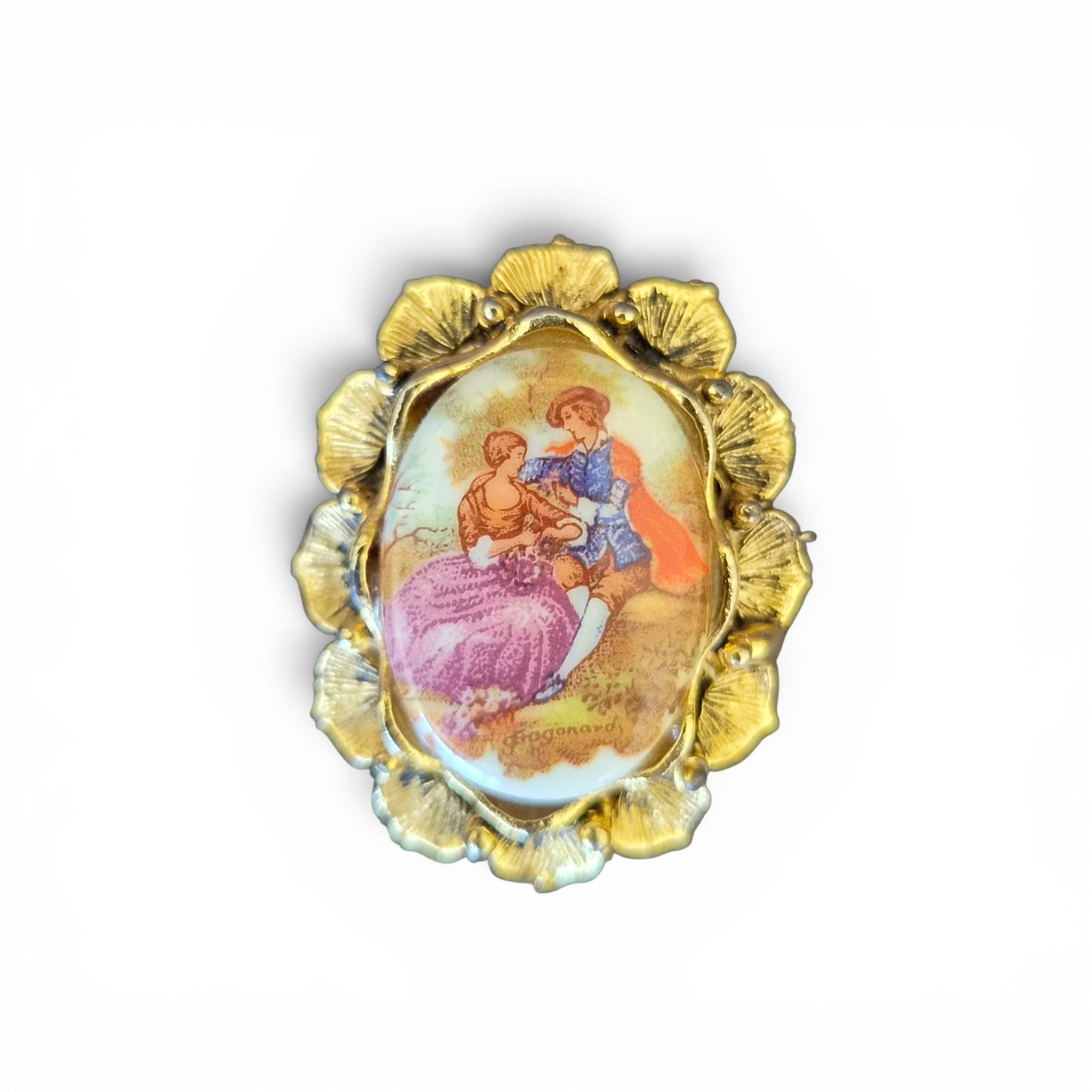 Vintage Fragonard Romantic Scene Cameo Brooch – Gold Tone Rococo Style Oval Portrait Pin