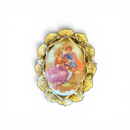 Vintage Fragonard Romantic Scene Cameo Brooch – Gold Tone Rococo Style Oval Portrait Pin