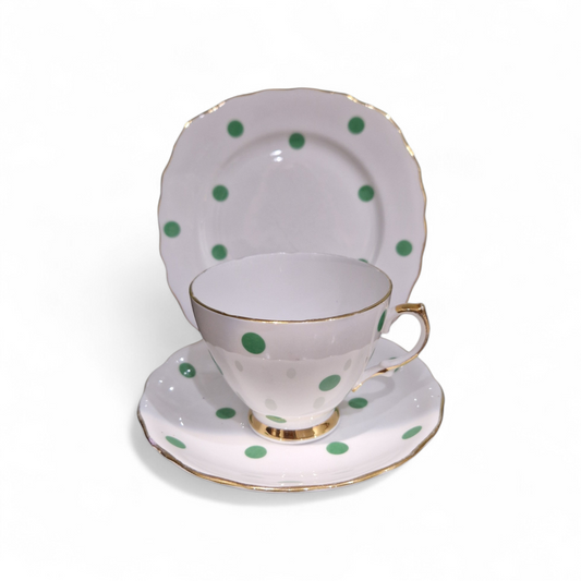 Vintage Royal Vale Polka Dot Tea Trio – Fine Bone China Cup, Saucer & Plate with Gilt Detail