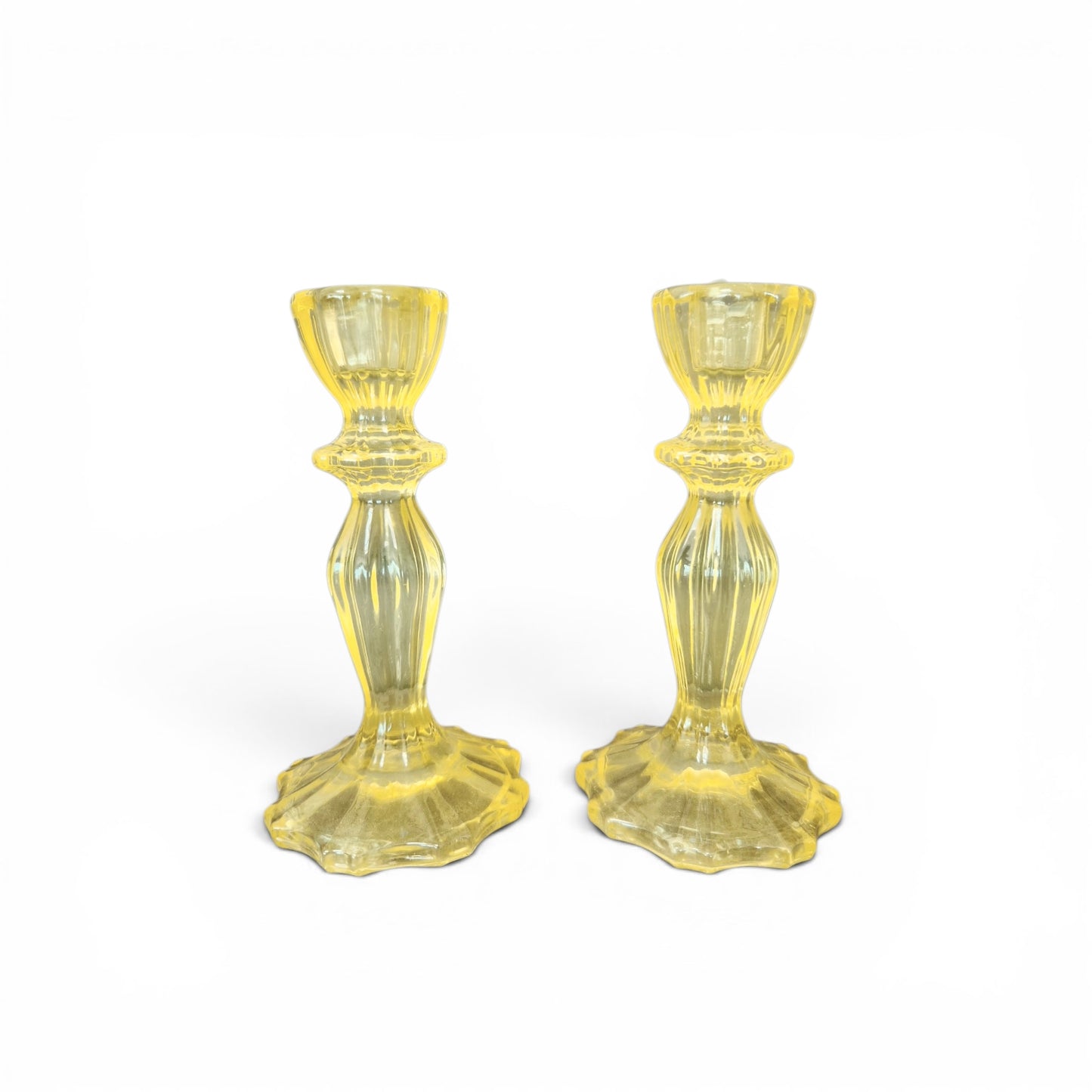 -SOLD- Vintage Yellow Glass Candlesticks Pair – Pressed Glass Candle Holders – Uranium Style Glass – 15.5cm