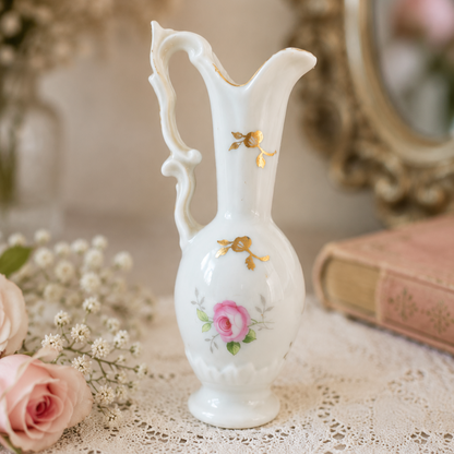 -SOLD- Vintage Limoges France Miniature Porcelain Bud Vase Jug Pink Rose & Gilt Detail