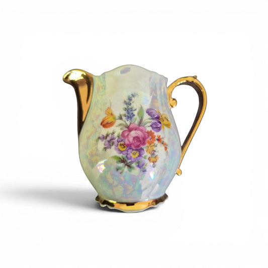 -SOLD- Vintage EPIAG Czechoslovakia Lustreware Floral Cream Jug | Iridescent Porcelain Milk Jug with Gold Gilt Trim