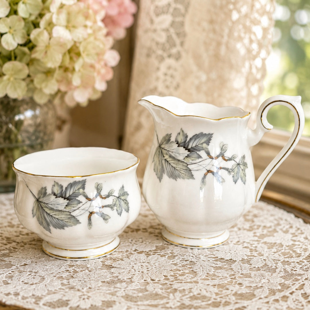 -SOLD- Vintage Royal Albert Silver Maple Bone China Cream Jug & Sugar Bowl Set