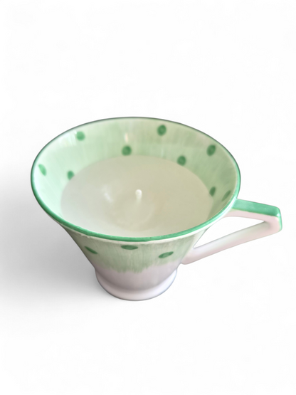 -SOLD- Vintage Bell China Hand-Painted Cottagecore Trio – Green Polka Dot Teacup, Saucer & Plate, Made in England