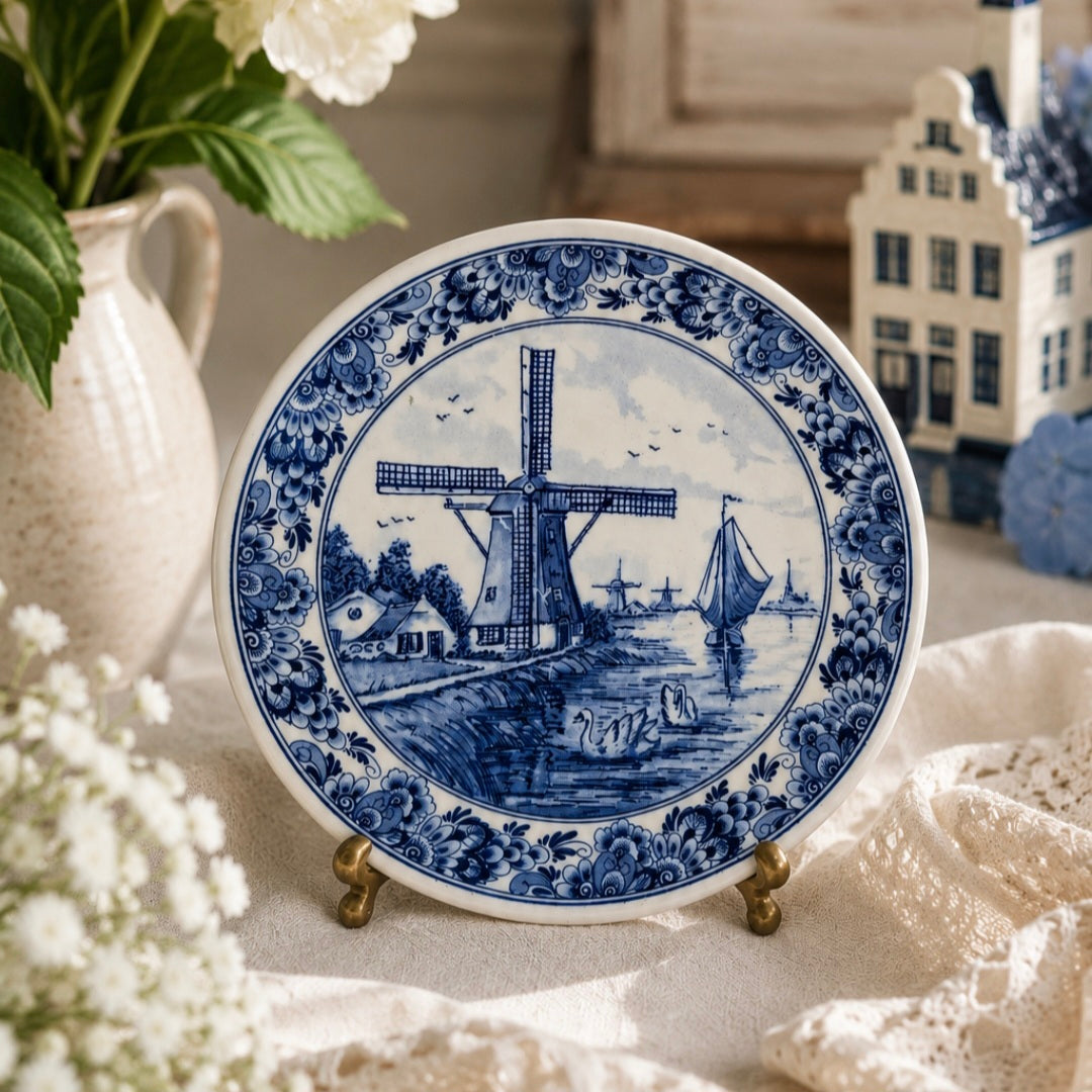 Vintage Delft Blue Hand Painted Dutch Windmill Miniature Wall Plate 10cm Made in Holland