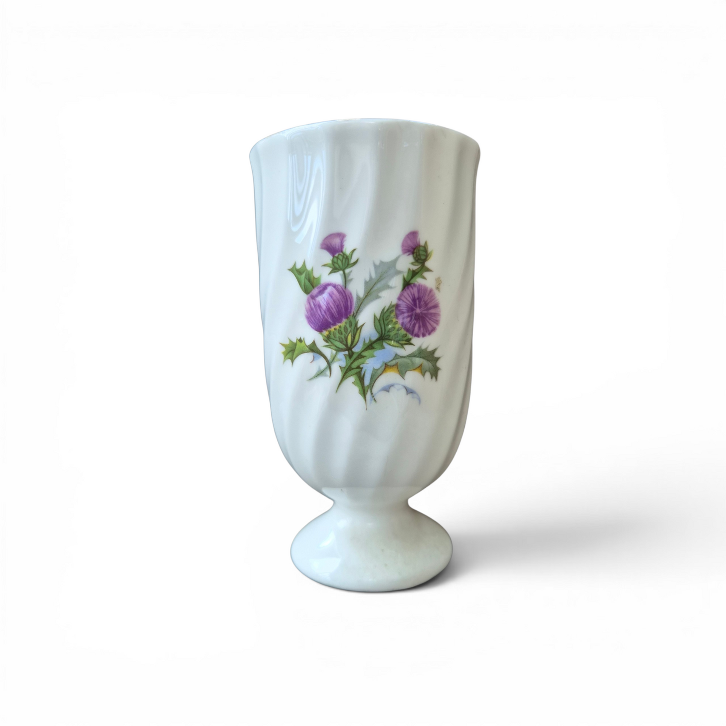 -SOLD- Vintage Royal Vale Thistle Bud Vase – Iridescent Blue Lustre Footed Vase – Made in England – Scottish Floral Bone China