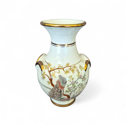 Vintage Hand-Finished Porcelain Vase with 24K Gold Detailing, Oriental Bird Motif