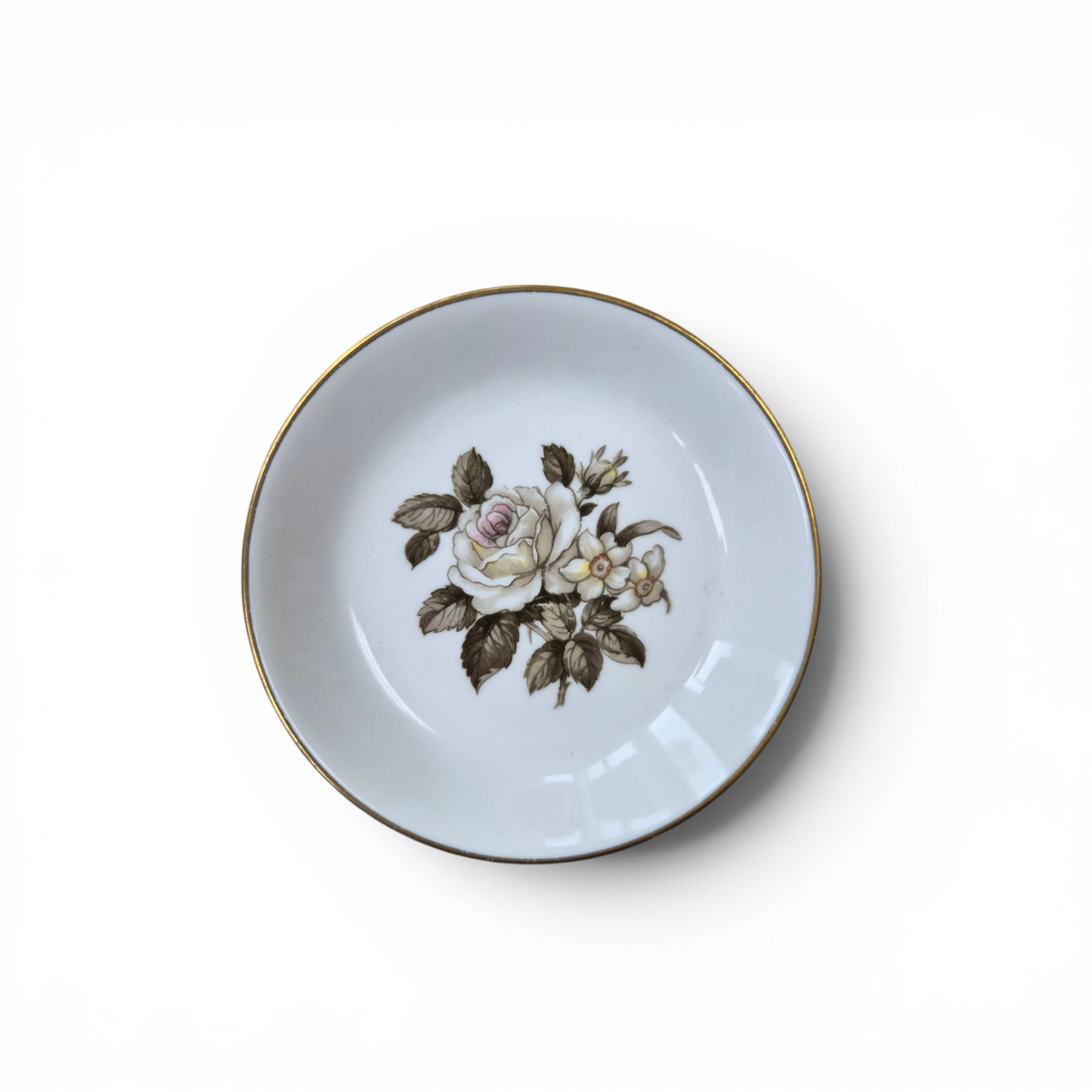 Vintage Royal Worcester Fine Bone China Floral Trinket Dish – England – Gilt Rim Rose Pin Dish