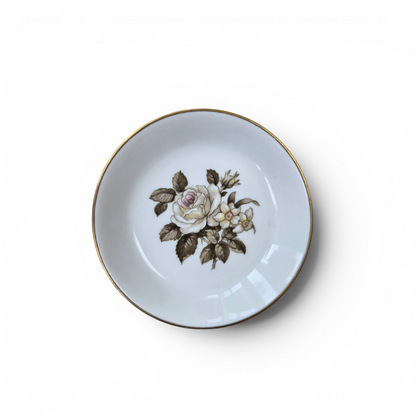 Vintage Royal Worcester Fine Bone China Floral Trinket Dish – England – Gilt Rim Rose Pin Dish