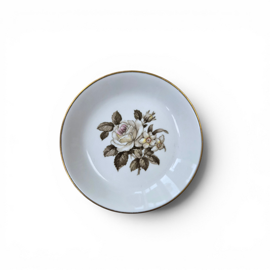 Vintage Royal Worcester Fine Bone China Floral Trinket Dish – England – Gilt Rim Rose Pin Dish