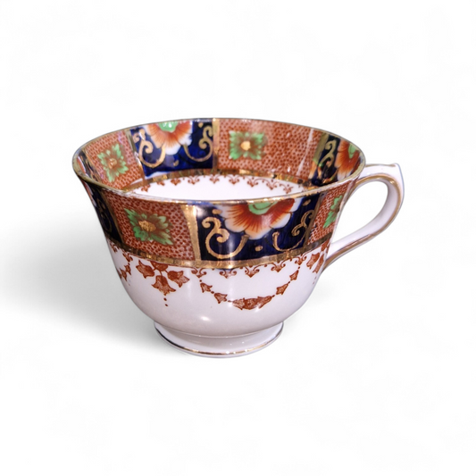 Vintage English Bone China Tea Trio, Imari Style, Rich Cobalt, Burnt Orange & Gilt Detail, Elegant Heritage Teaware