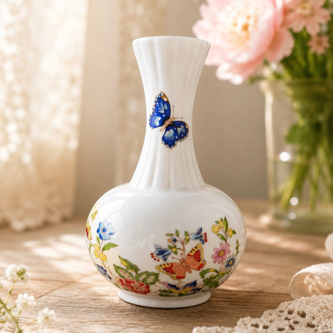 - SOLD- Vintage Aynsley Cottage Garden Fine Bone China Bud Vase – Butterfly Floral Vase Made in England – 13cm