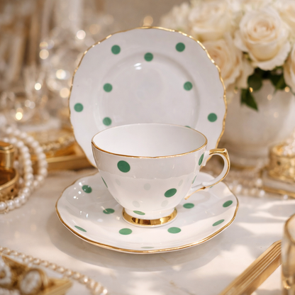 Vintage Royal Vale Polka Dot Tea Trio – Fine Bone China Cup, Saucer & Plate with Gilt Detail