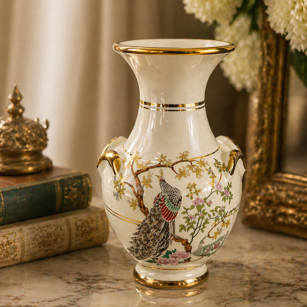 Vintage Hand-Finished Porcelain Vase with 24K Gold Detailing, Oriental Bird Motif