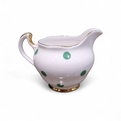 Vintage Royal Vale Bone China Milk Jug – Green Polka Dot & Gilt English Tea Set Creamer