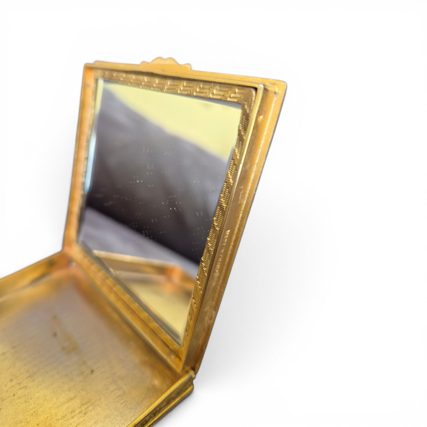 Vintage French Brass Compact Mirror – Hand-Painted Floral Blue Enamel Style Vanity Compact – Made in France – 7.5cm