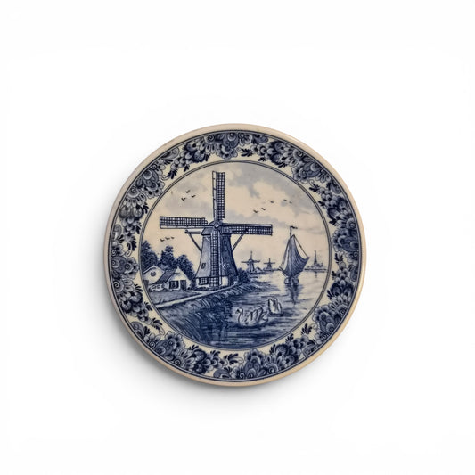 Vintage Delft Blue Hand Painted Dutch Windmill Miniature Wall Plate 10cm Made in Holland