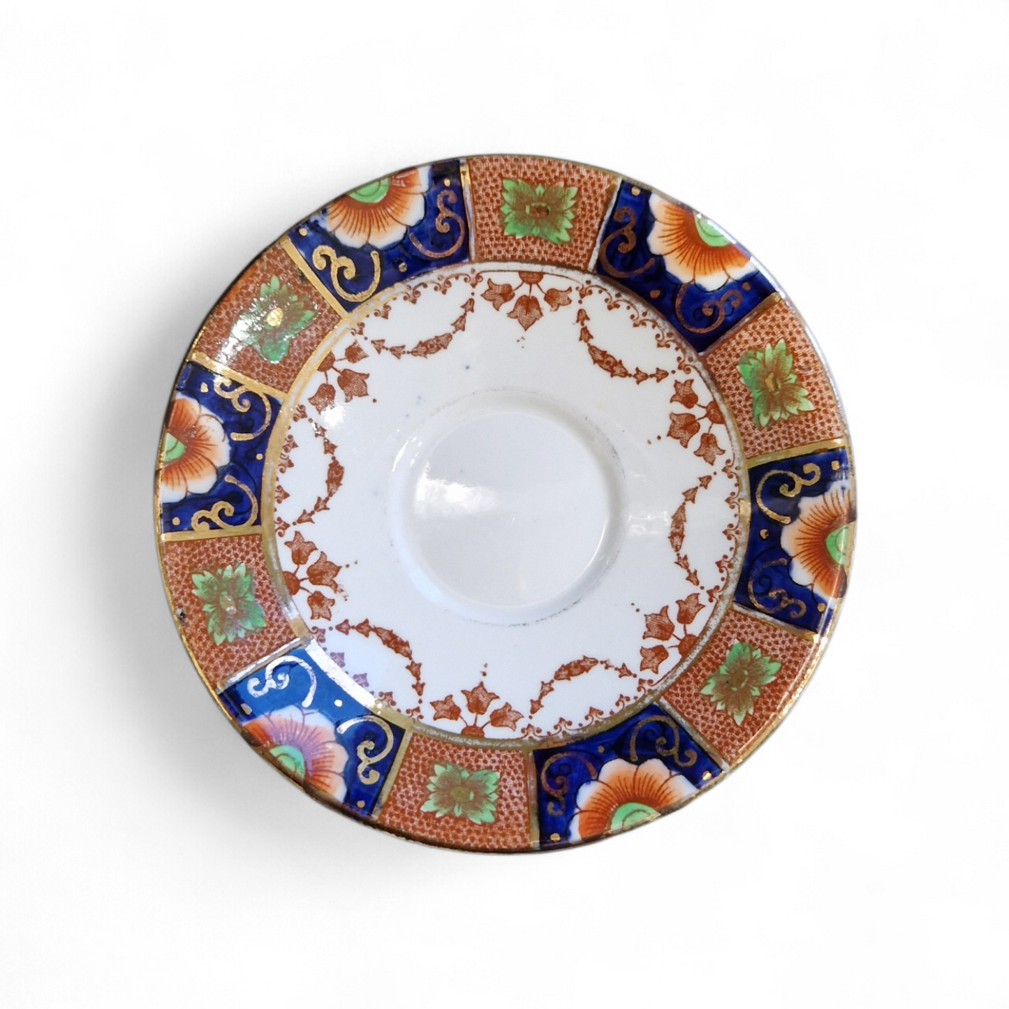 Vintage English Bone China Tea Trio, Imari Style, Rich Cobalt, Burnt Orange & Gilt Detail, Elegant Heritage Teaware