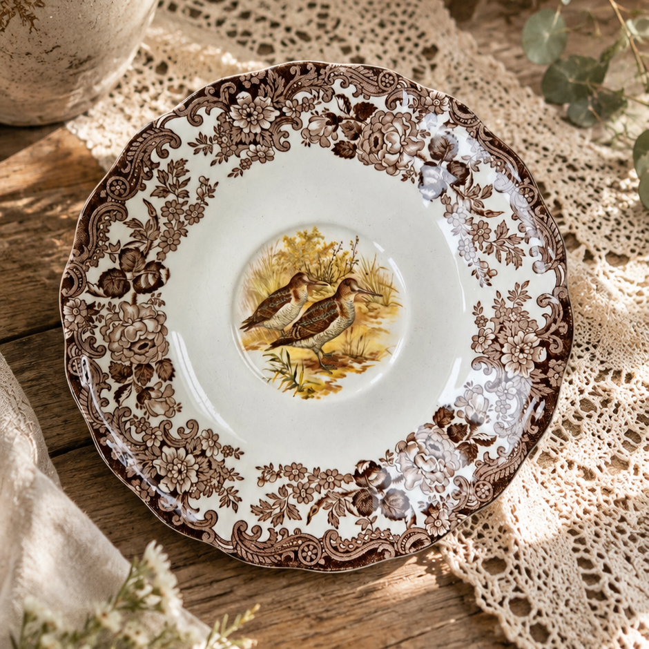 -SOLD- Vintage Palissy Game Series Bowl Plate – Royal Worcester England Brown Transferware Bird Design 18.5cm