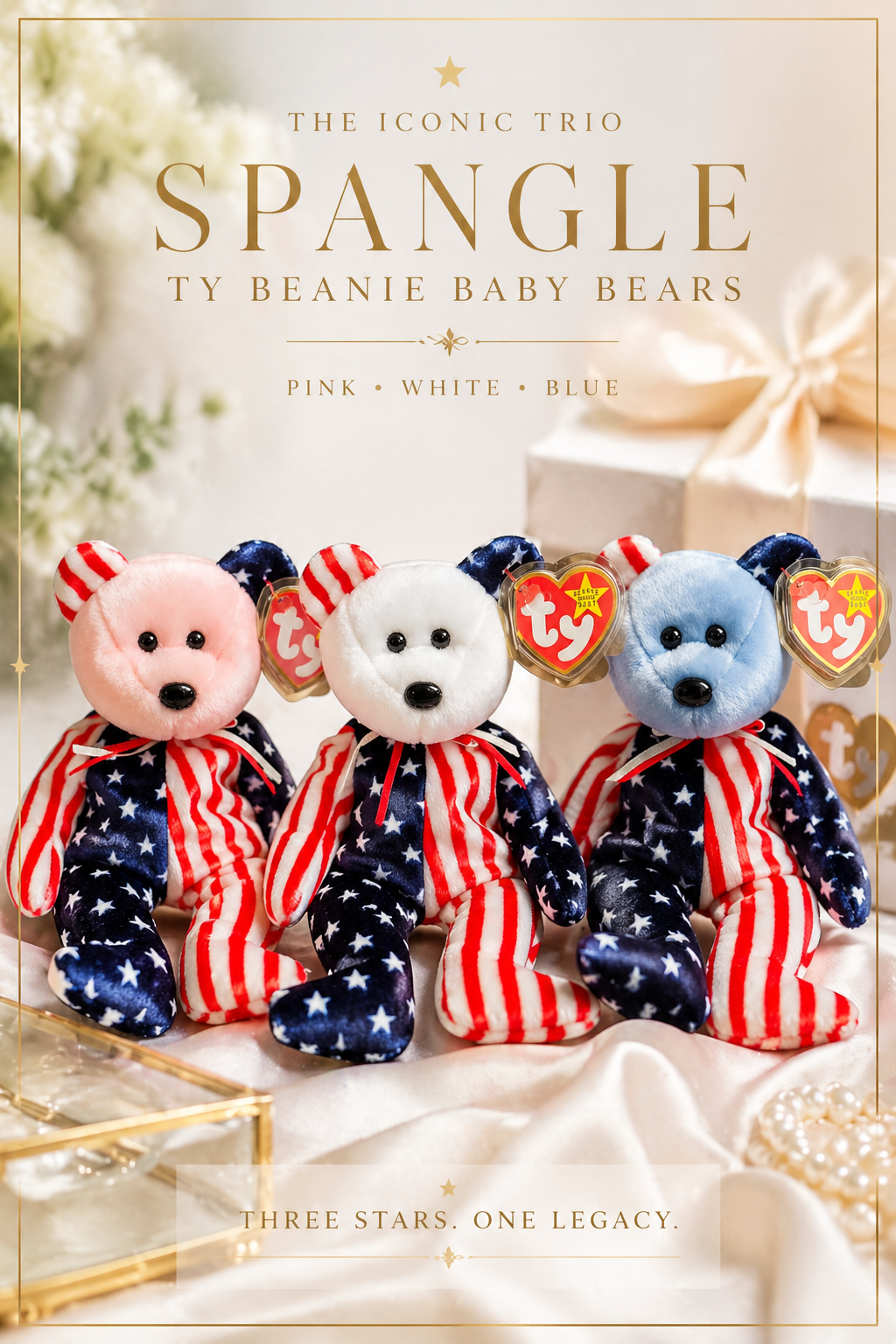 Ty Beanie Baby “Spangle” Bear (1999) – Rare Blue Face Variant | Stars & Stripes Edition