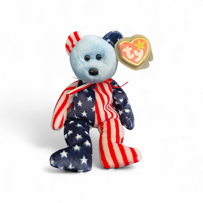 Ty Beanie Baby “Spangle” Bear (1999) – Rare Blue Face Variant | Stars & Stripes Edition