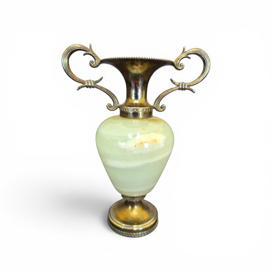 Vintage Green Onyx Urn Vase With Ornate Scroll Handles Decorative Miniature Vase 11.5cm