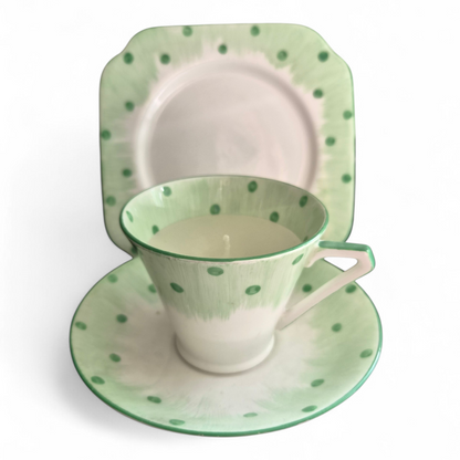 -SOLD- Vintage Bell China Hand-Painted Cottagecore Trio – Green Polka Dot Teacup, Saucer & Plate, Made in England