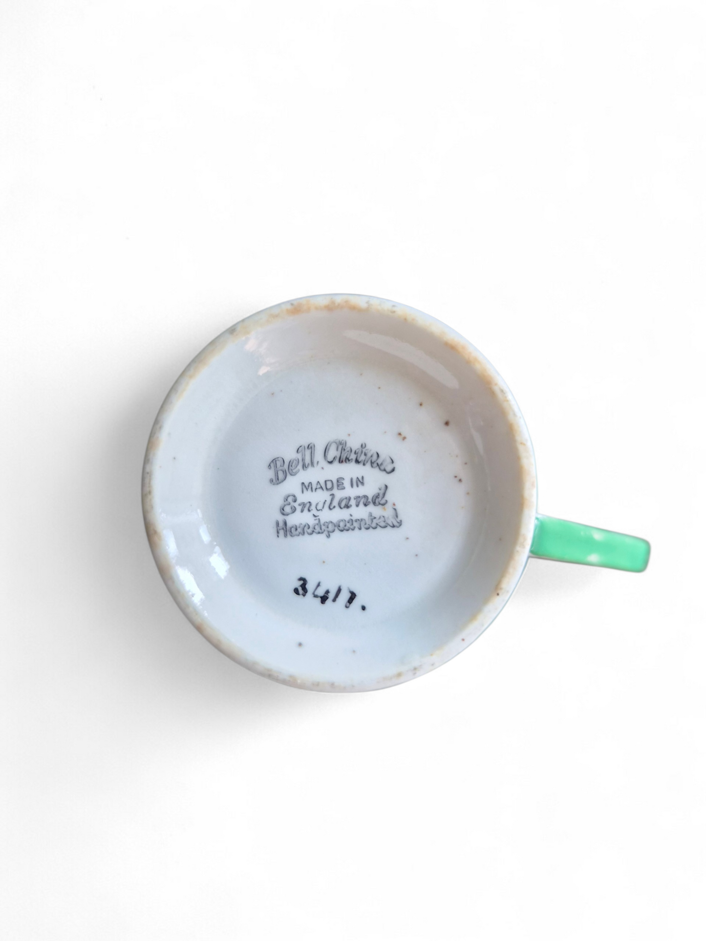 -SOLD- Vintage Bell China Hand-Painted Cottagecore Trio – Green Polka Dot Teacup, Saucer & Plate, Made in England