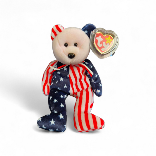 Ty Beanie Baby “Spangle” Bear (1999) – Pink Face Variant | Stars & Stripes Edition
