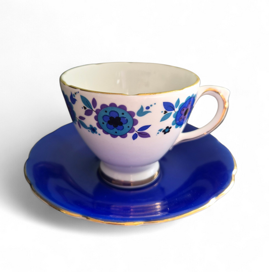 Vintage Delphine Bone China Teacup & Saucer – Cobalt Blue & Floral Design, Made in England