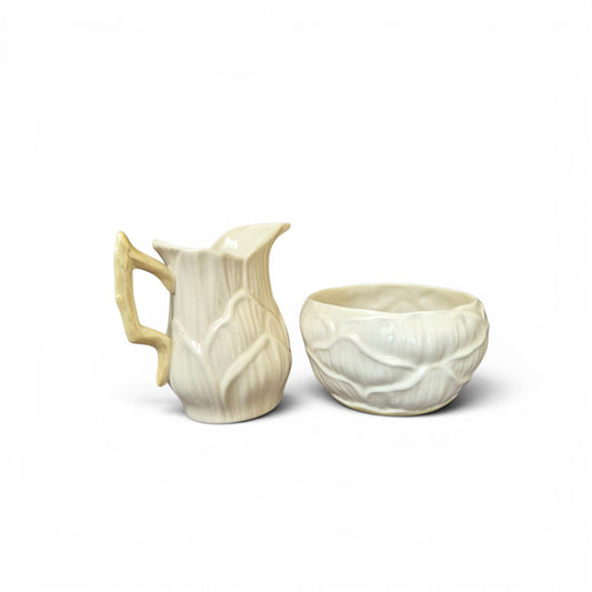 -SOLD- Vintage Belleek Ireland Cream Jug & Sugar Bowl Set – Ivory Tree Bark Design