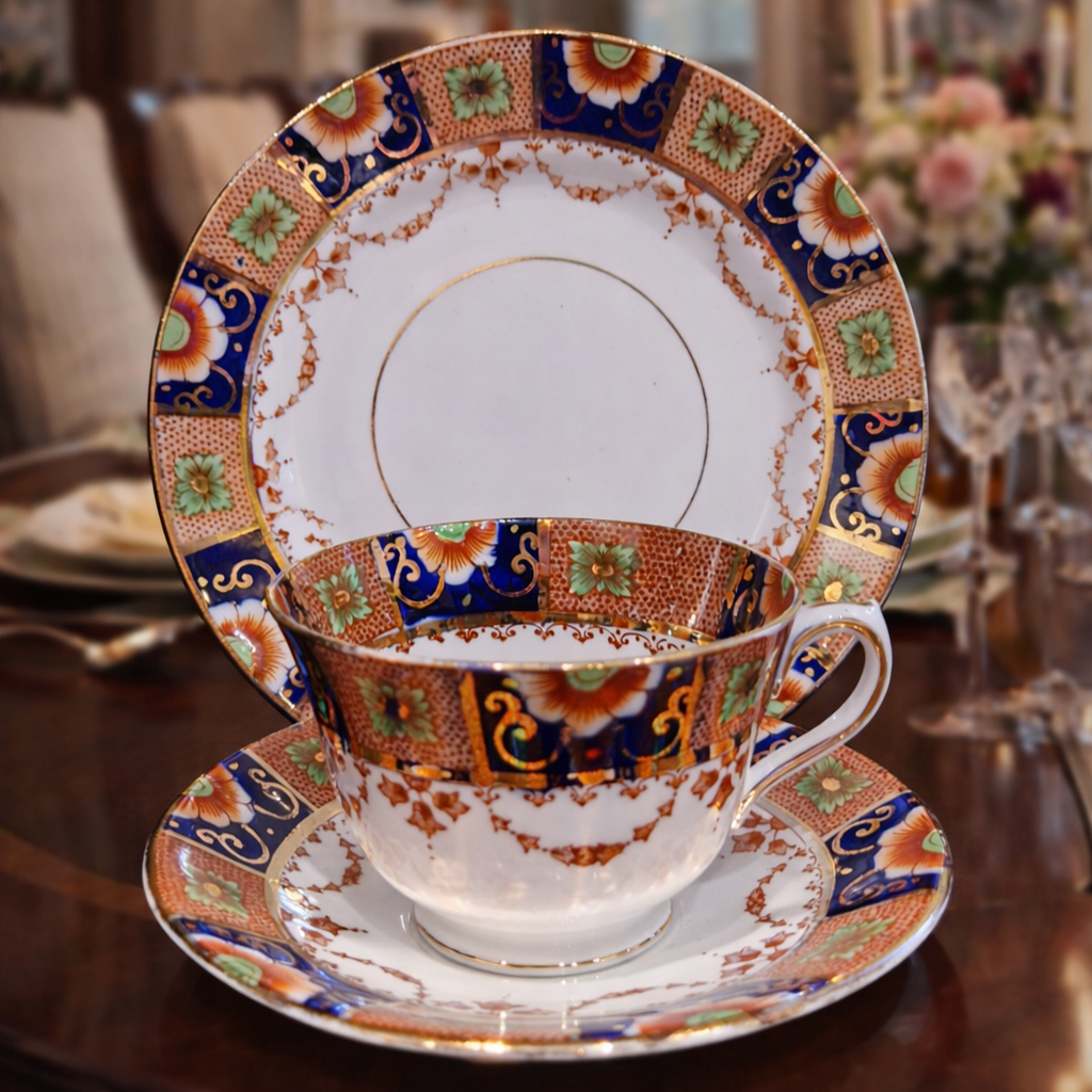 Vintage English Bone China Tea Trio, Imari Style, Rich Cobalt, Burnt Orange & Gilt Detail, Elegant Heritage Teaware