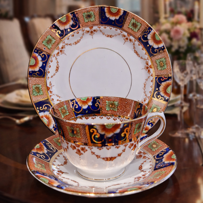 Vintage English Bone China Tea Trio, Imari Style, Rich Cobalt, Burnt Orange & Gilt Detail, Elegant Heritage Teaware