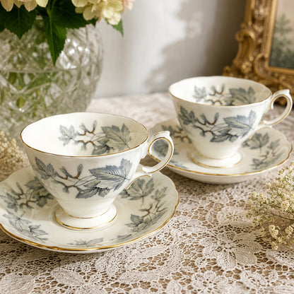 -SOLD- Vintage Royal Albert Silver Maple Fine Bone China Teacups & Saucers Pair