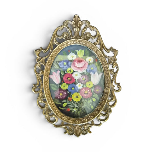 -SOLD- Vintage Hand Painted Floral Miniature Painting in Ornate Brass Frame – Artist: Ruby Etherington Rye Sussex