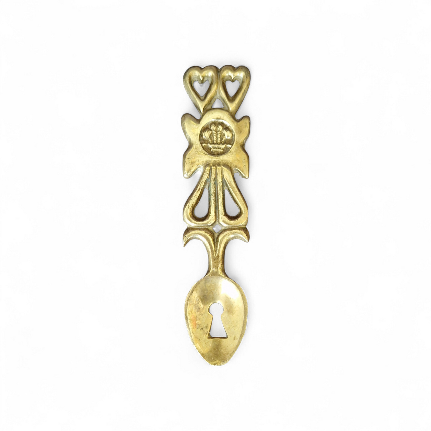 -SOLD- Rare Brass Welsh Love Spoon with Keyhole Motif & Twin Hearts, Symbol of Unity & Devotion