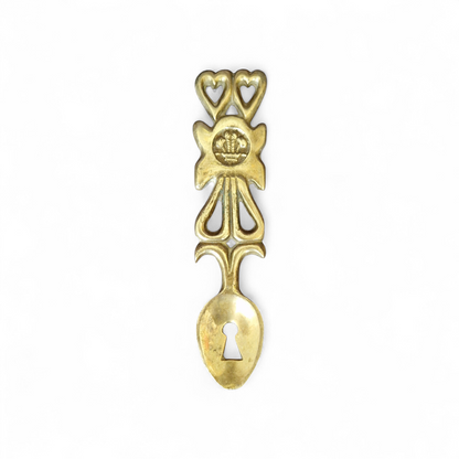 -SOLD- Rare Brass Welsh Love Spoon with Keyhole Motif & Twin Hearts, Symbol of Unity & Devotion