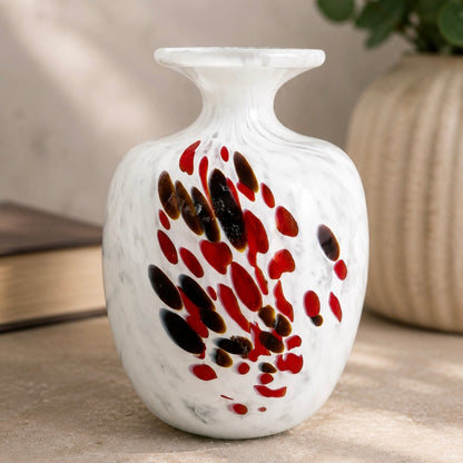 Vintage Mdina Glass Malta Studio Art Glass Vase White Mottled Red & Black Speckled Vase