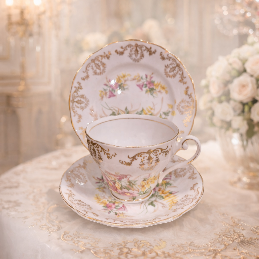 -SOLD- Vintage English Bone China Tea Trio – 22ct Gold Gilded Floral Design, Elegant Afternoon Tea Set