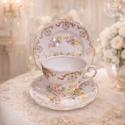 -SOLD- Vintage English Bone China Tea Trio – 22ct Gold Gilded Floral Design, Elegant Afternoon Tea Set