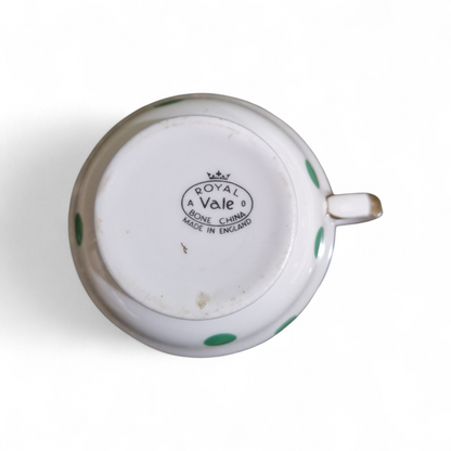 Vintage Royal Vale Bone China Milk Jug – Green Polka Dot & Gilt English Tea Set Creamer