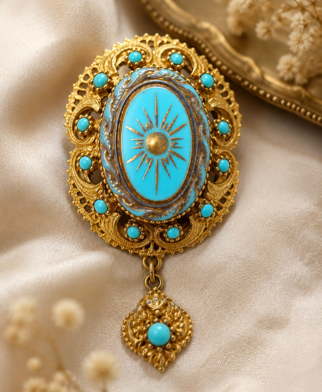 -SOLD- Vintage Gold Tone Filigree Brooch with Turquoise Cabochons & Sunburst Motif Pendant Drop