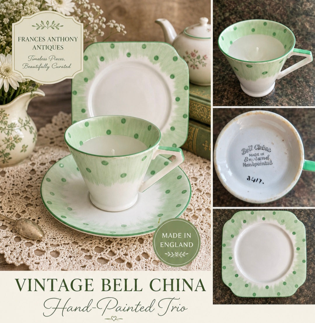 -SOLD- Vintage Bell China Hand-Painted Cottagecore Trio – Green Polka Dot Teacup, Saucer & Plate, Made in England